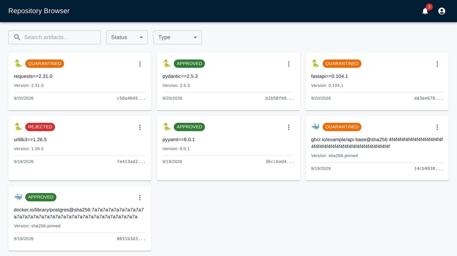 The Cold Harbour repository browser, showing Python packages and container images as quarantined, approved or rejected, each with its version and digest