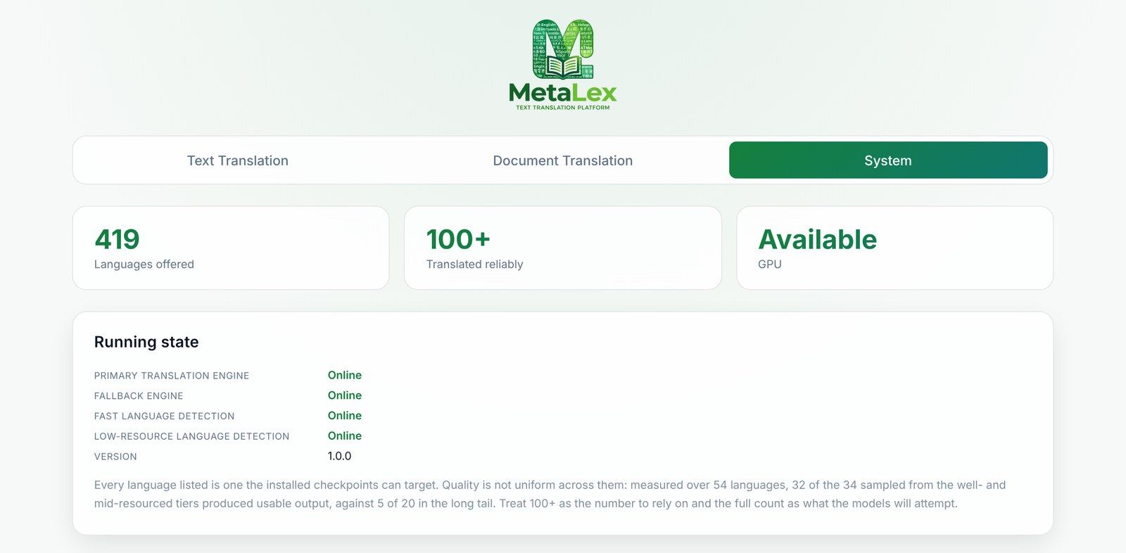 MetaLex System view showing the languages offered and translated reliably, with every engine and detector online