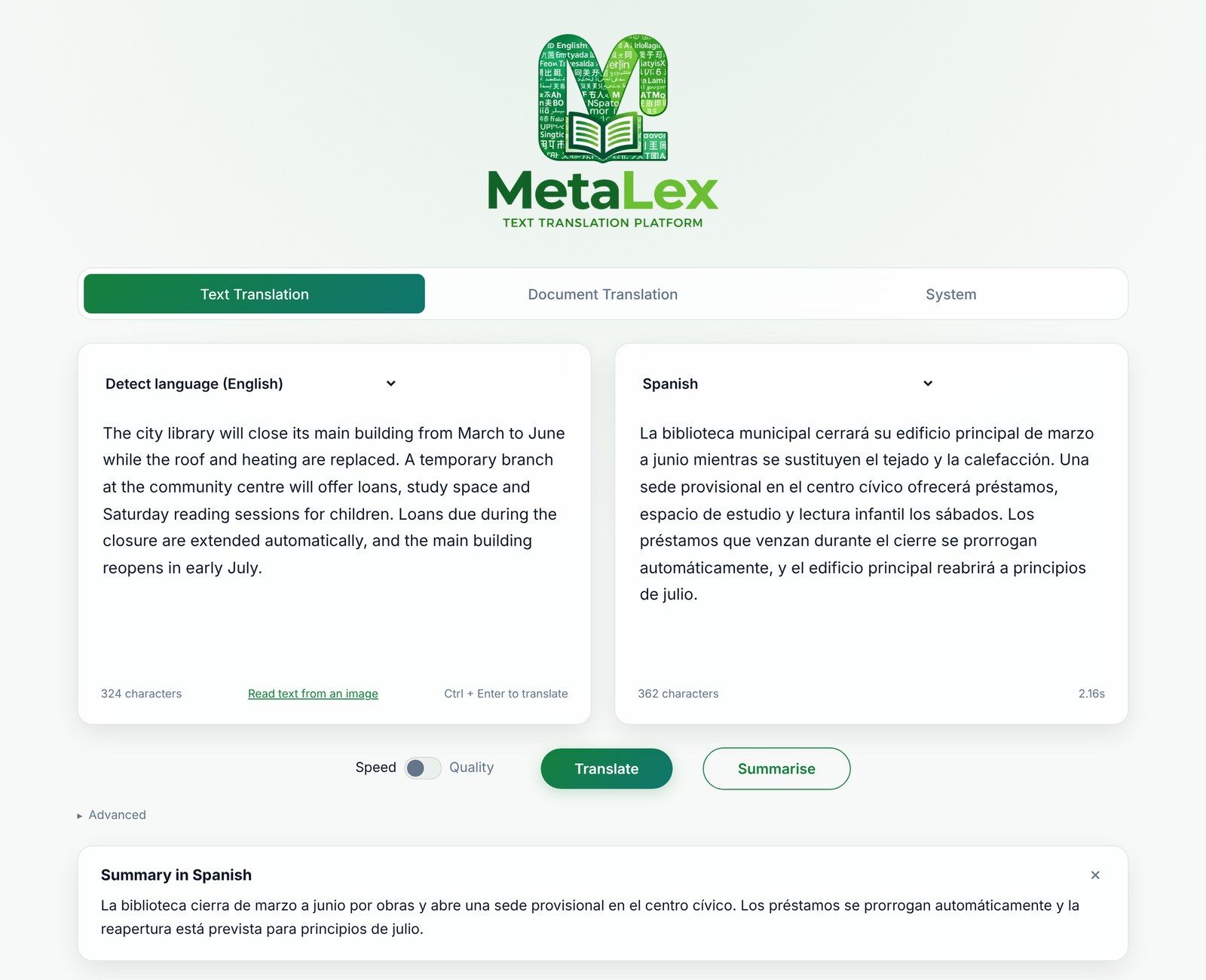 MetaLex translating an English notice into Spanish, with a summary in Spanish shown below the translation