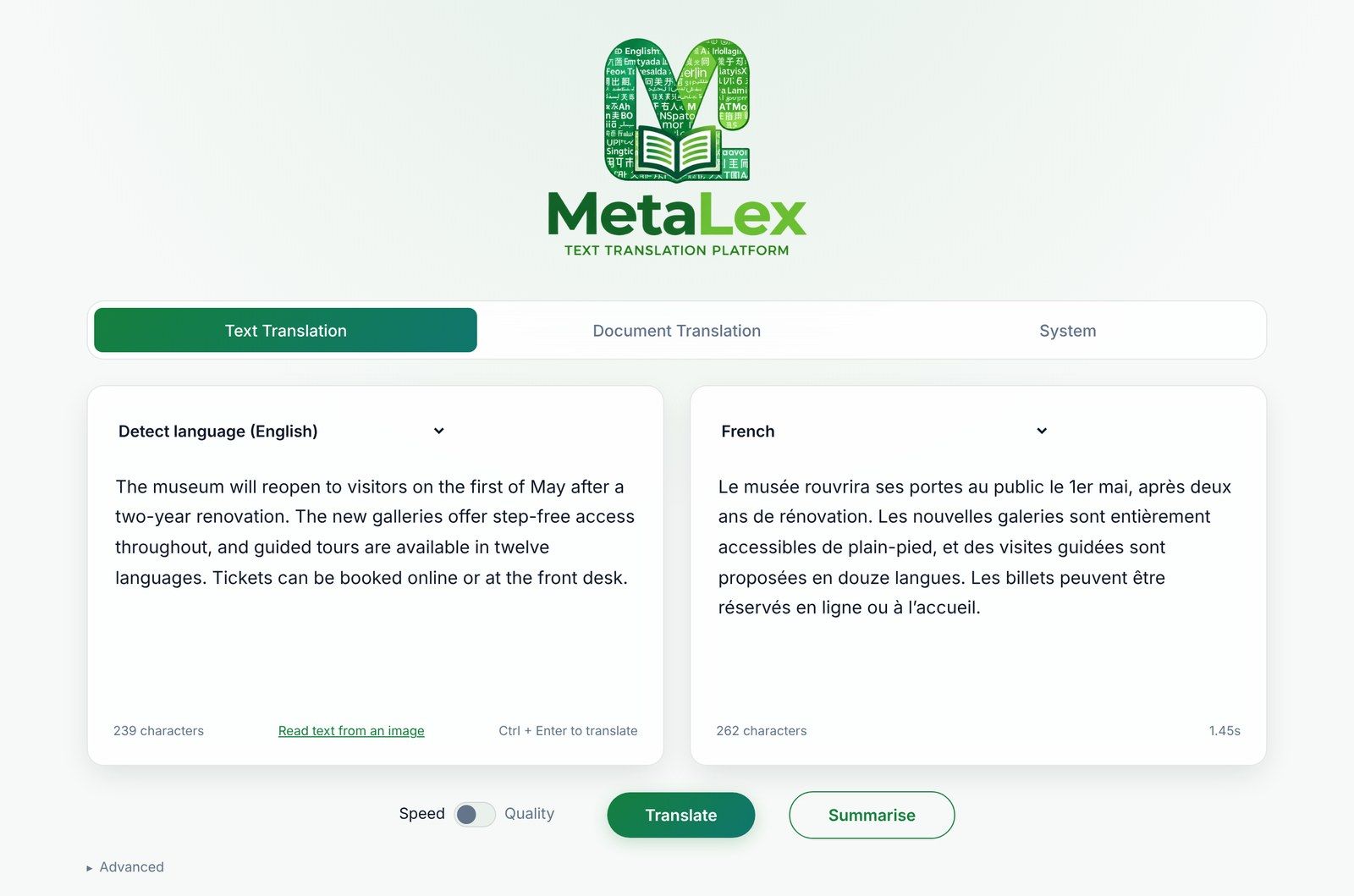 The MetaLex Text Translation view, translating a short English notice into French with the source language detected automatically