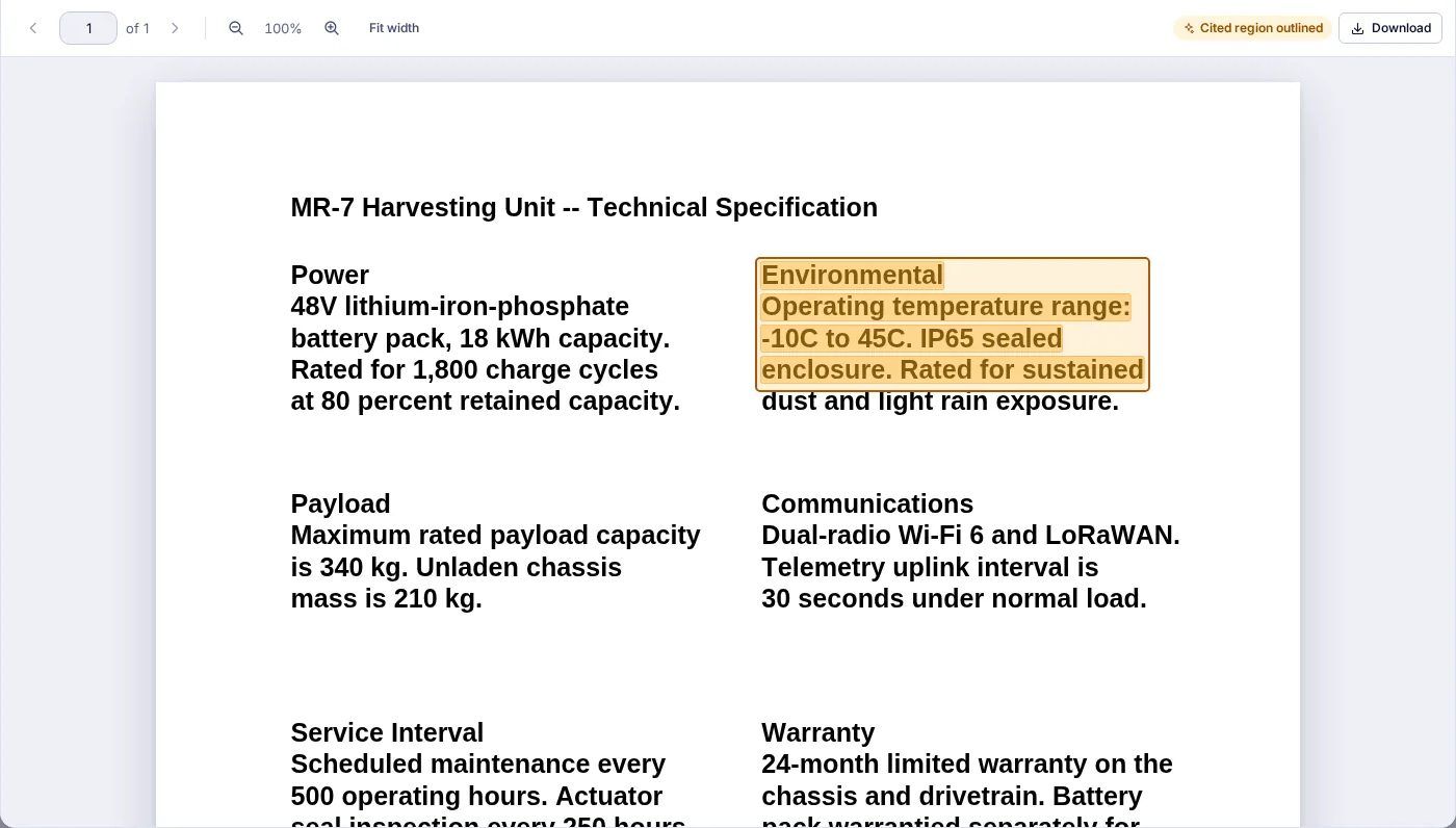 The Radiant document viewer with the cited passage outlined on a two-column technical specification